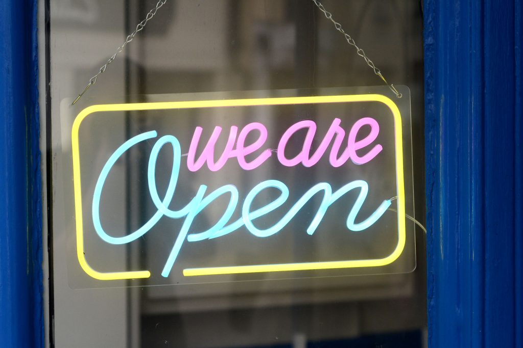 James Patisserie "We are open" neon sign