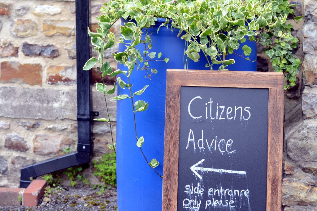 Citizens Advice handwritten sign outside the Family Church in Honiton