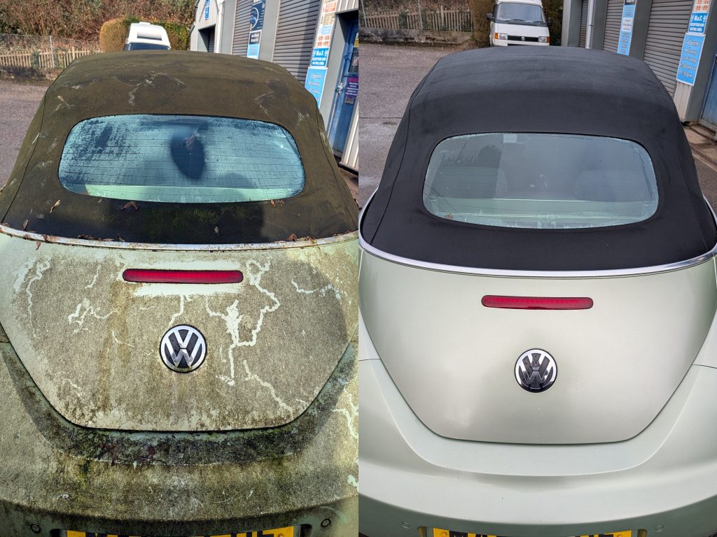 New Street Valeting Honiton montage of white VW Beetle with black hood before and after valeting